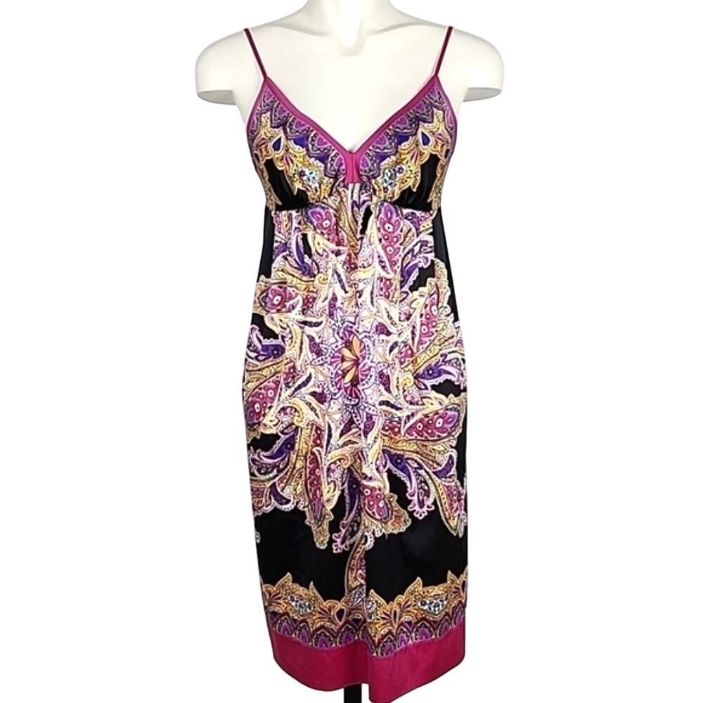 dressbarn Women's Paisley Floral Black Magenta Satin Dress Spaghetti Straps 10